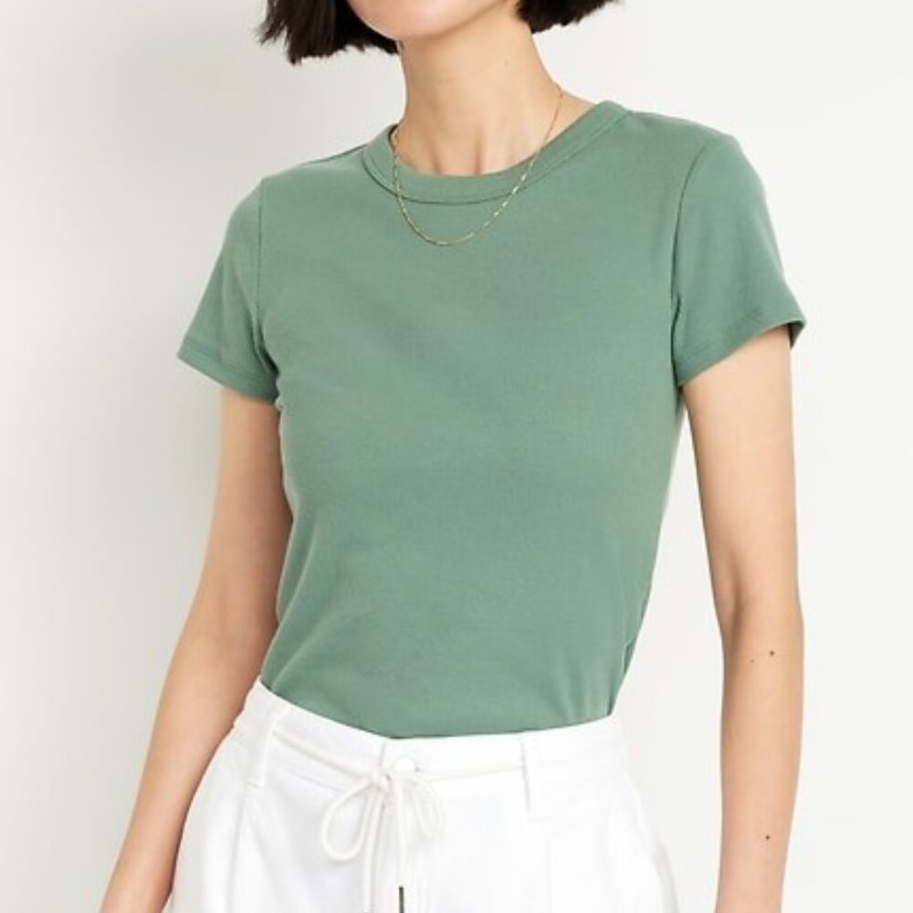 Old Navy Snug Crop T-Shirt Rib Knit Crew Neck Top Tee Herb Green Size Large NEW